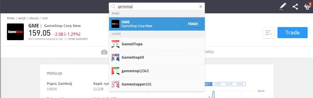 jak kupić akcje GameStop - wyszukiwarka